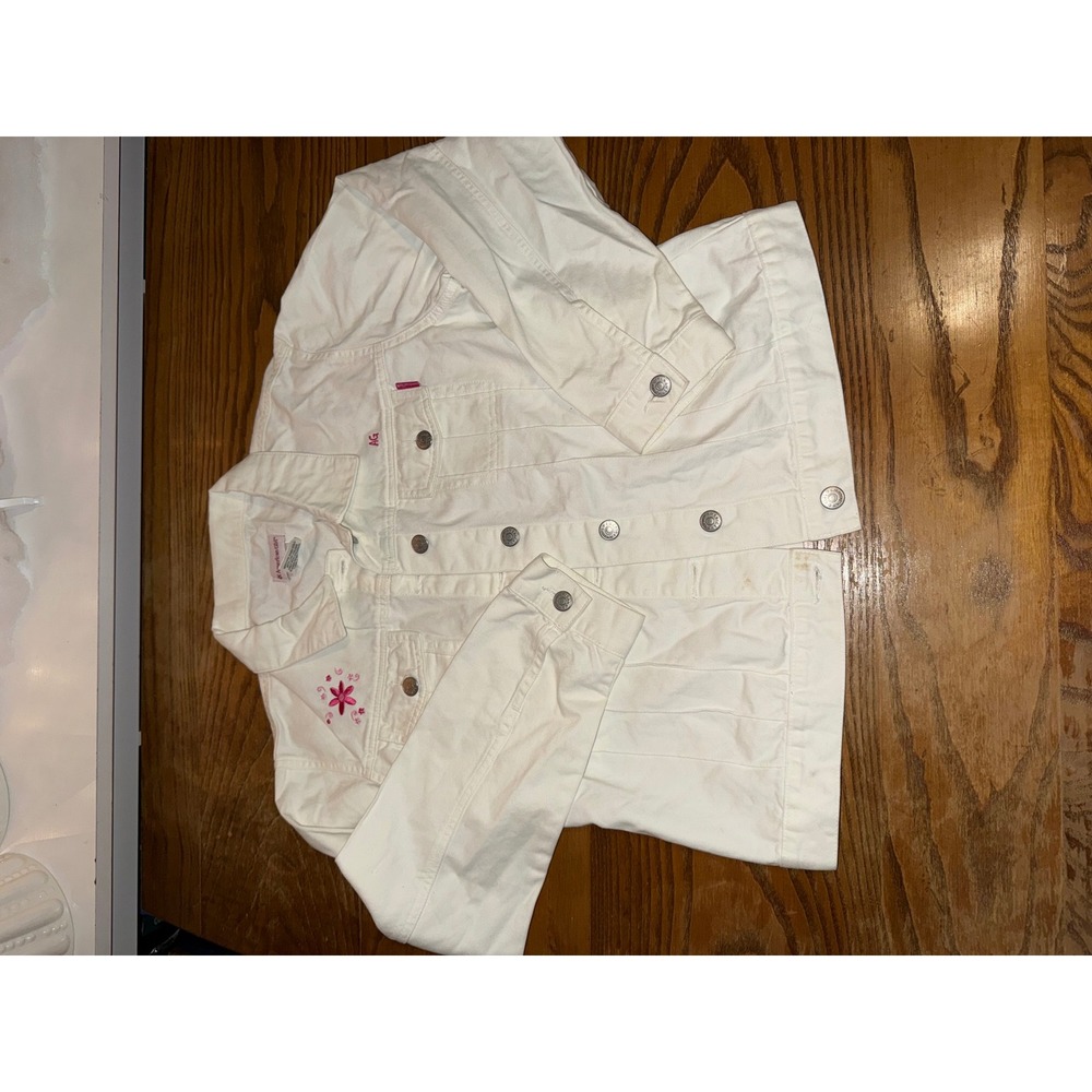American Girl Kids White Denim Jacket‎ Flower Embroidery Size Large